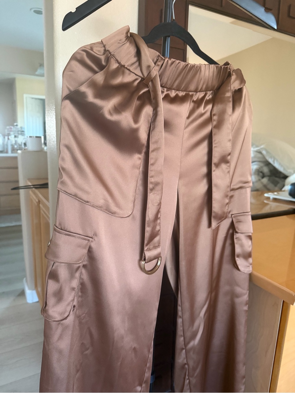 INC International Concepts Satin Cargo Wide-Leg Pants — Brown